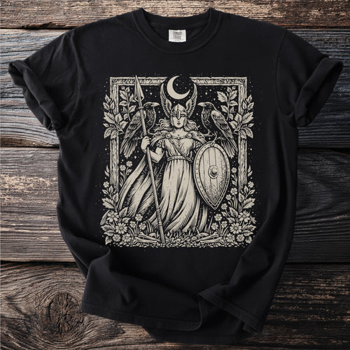 Black t-shirt with a vintage-style print of a warrior woman with helmet, spear, and shield.