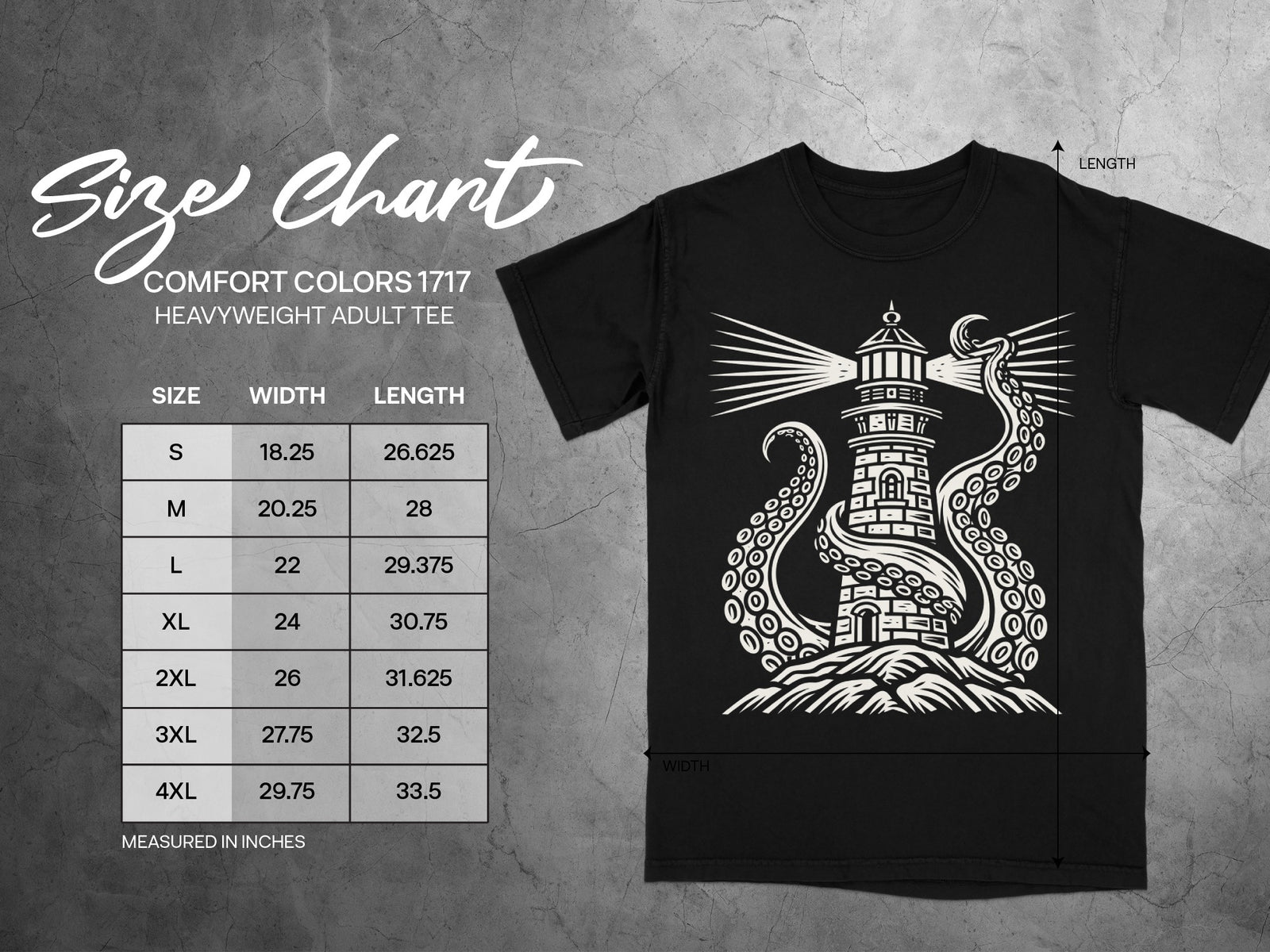 Comfort Colors 1717 heavyweight adult tee size chart with lighthouse and octopus graphic.
