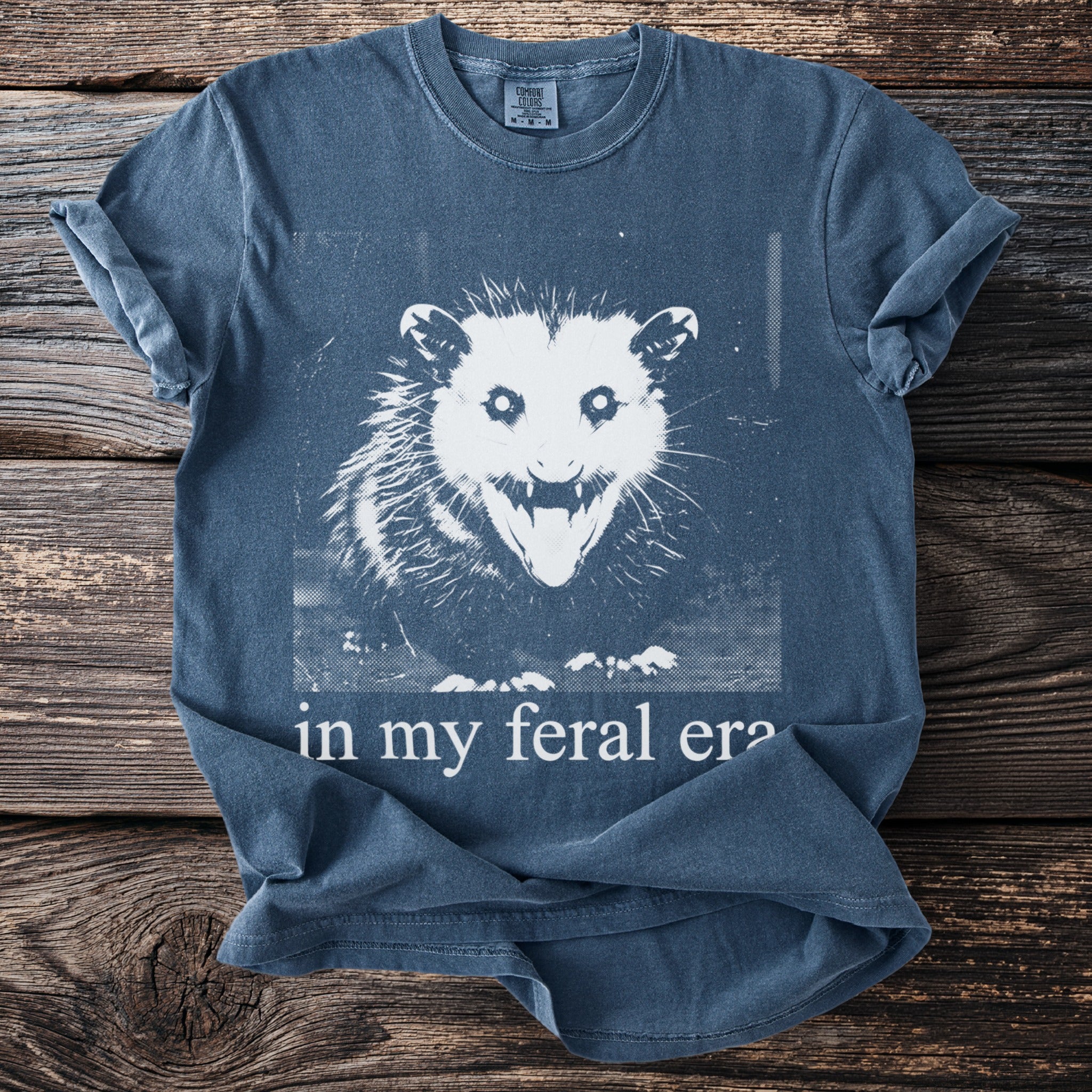 Blue t-shirt with opossum graphic and "in my feral era" text.