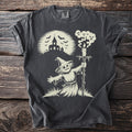 Scarecrow with candle and ghosts graphic on dark gray t-shirt.