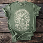 Green t-shirt with a circular Viking-themed graphic featuring Thor, wolves, and runes.