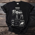 Black t-shirt with scientific illustration and facts about moose.