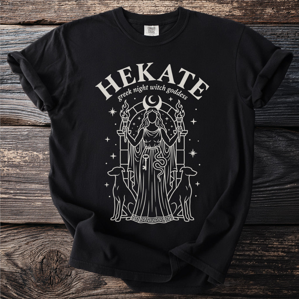 Black t-shirt with Hekate Greek night witch goddess graphic, holding torches and key.
