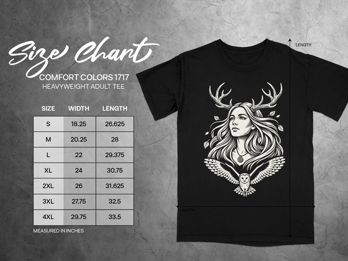 Size chart for Comfort Colors 1717 heavyweight adult tee with measurements in inches.