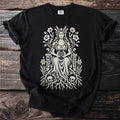 Black t-shirt with a light cream graphic of a crowned woman holding pomegranates, surrounded by flowers and skulls.
