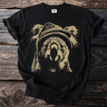 Black t-shirt with gold distressed print of a koala wearing a beanie.