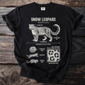 Snow leopard illustration with anatomical details, body length, and rosette pattern.