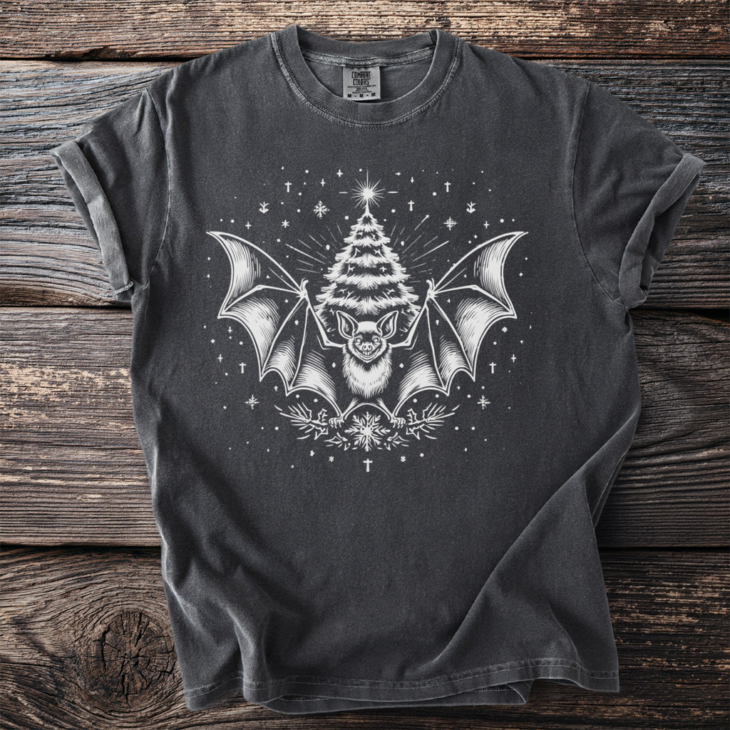 Gray t-shirt with white bat, Christmas tree, and snowflake graphic.