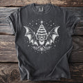 Gray t-shirt with white bat, Christmas tree, and snowflake graphic.