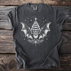 Gray t-shirt with white bat, Christmas tree, and snowflake graphic.