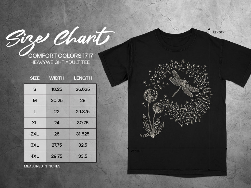 Comfort Colors 1717 size chart for a black heavyweight adult tee.