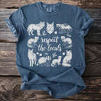 Blue t-shirt with white line art of animals and "respect the locals" text.