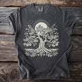 Dark grey t-shirt with a cream linework graphic of a tree under a sunburst.