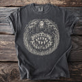 Dark grey t-shirt with white graphic of fairies dancing around mushrooms under a full moon.