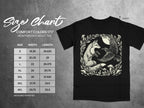 Size chart for Comfort Colors 1717 heavyweight adult tee with fox and raven design.