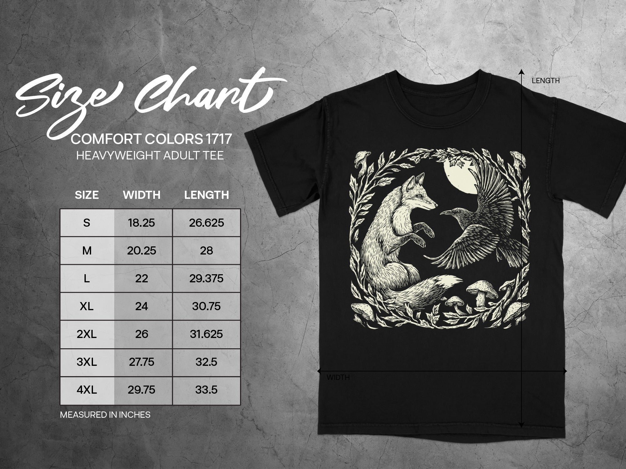 Size chart for Comfort Colors 1717 heavyweight adult tee with fox and raven design.