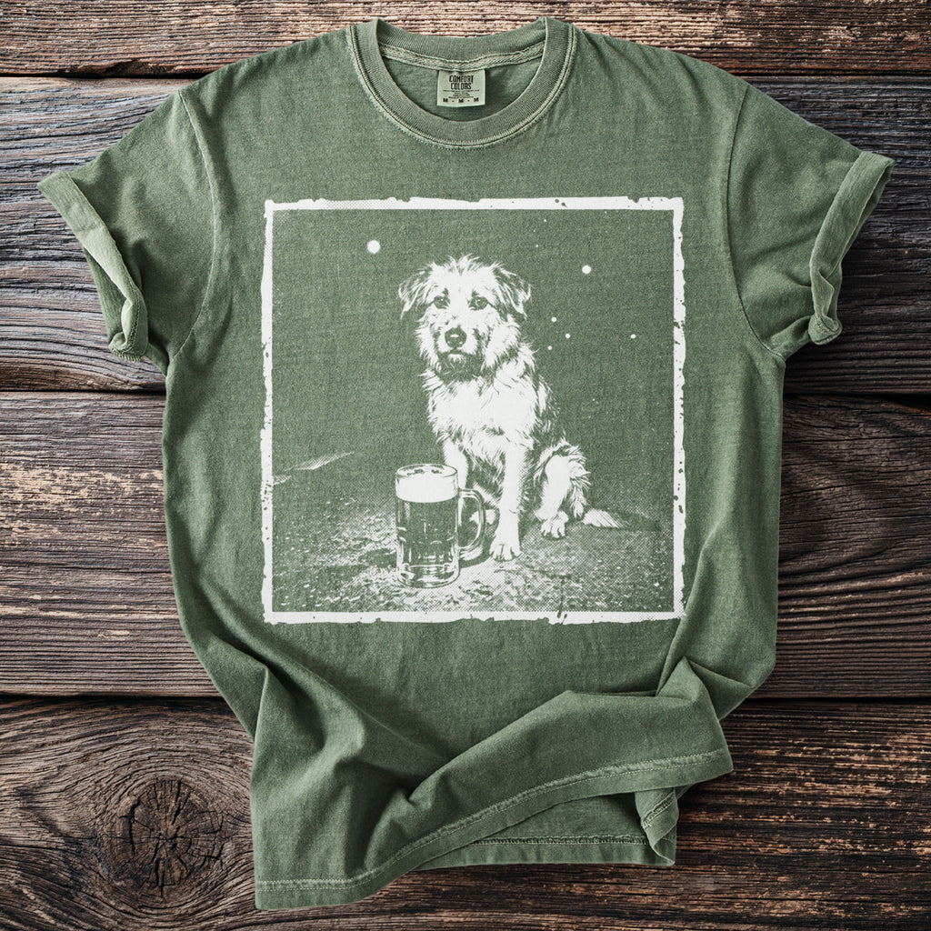 Green t-shirt with distressed print of a dog and a beer mug.
