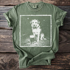 Green t-shirt with distressed print of a dog and a beer mug.