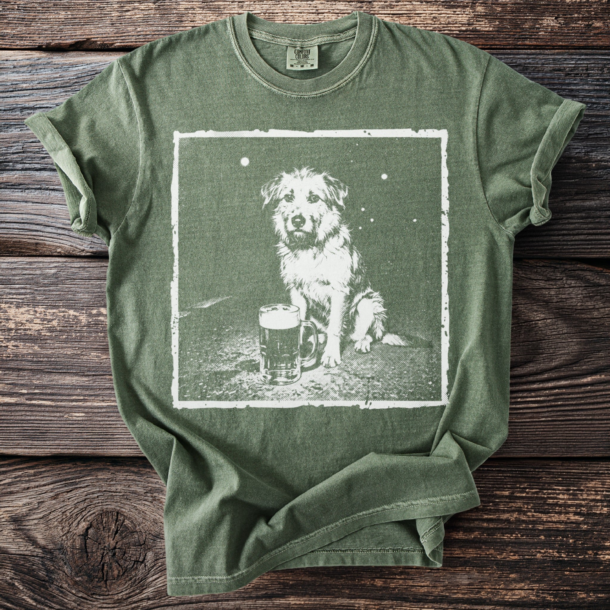 Green t-shirt with distressed print of a dog and a beer mug.