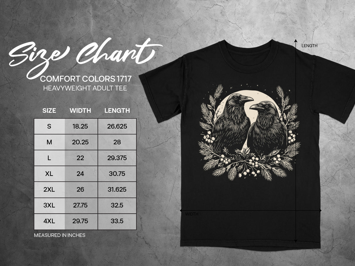 Comfort Colors 1717 heavyweight adult tee size chart with two ravens illustration.