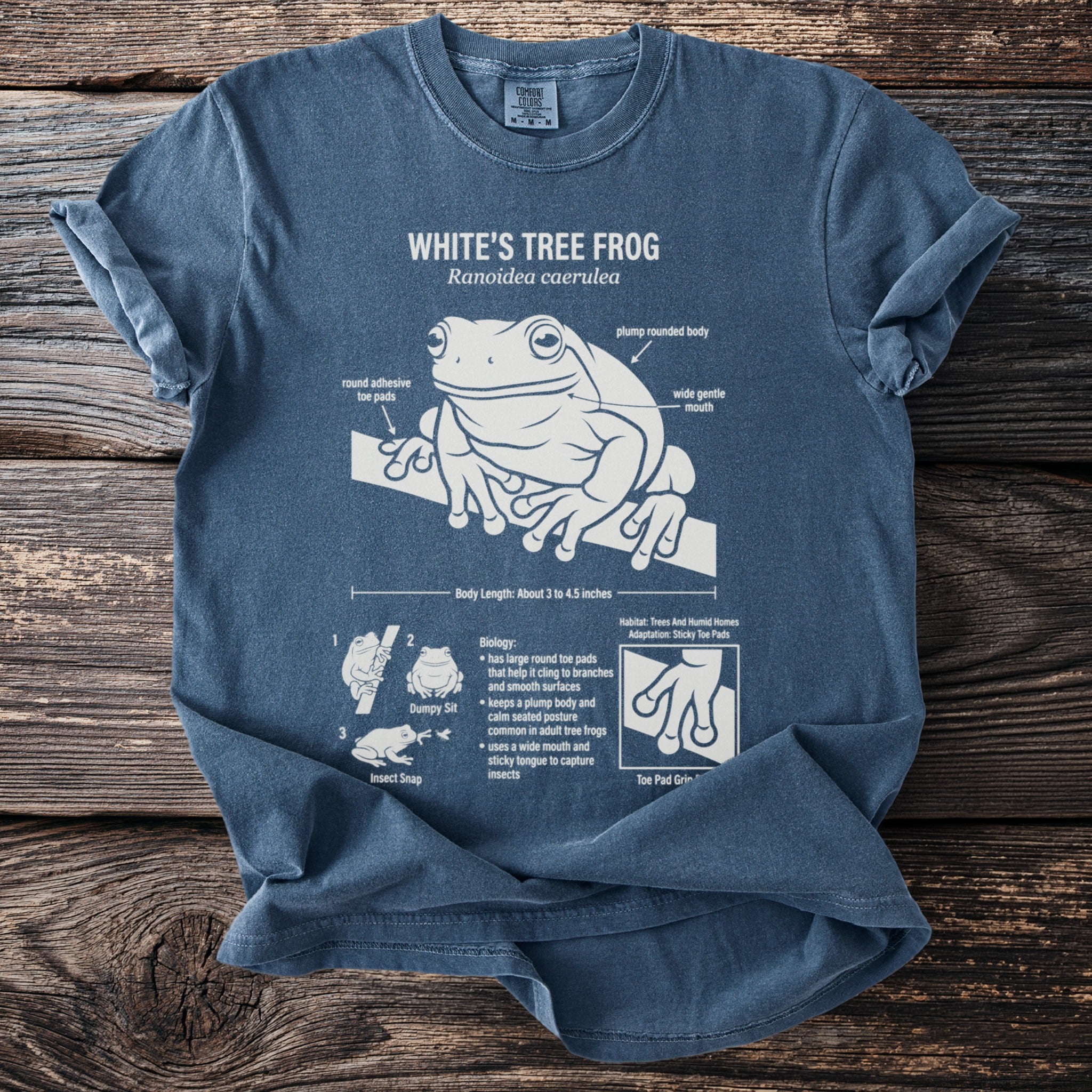 White's Tree Frog diagram on a blue Comfort Colors t-shirt.