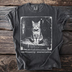 T-shirt with a black and white print of a cat and the text "emotionally unavailable".