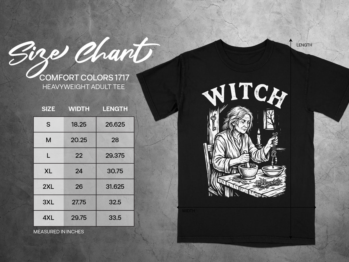 Black Comfort Colors 1717 heavyweight adult tee size chart with witch graphic.