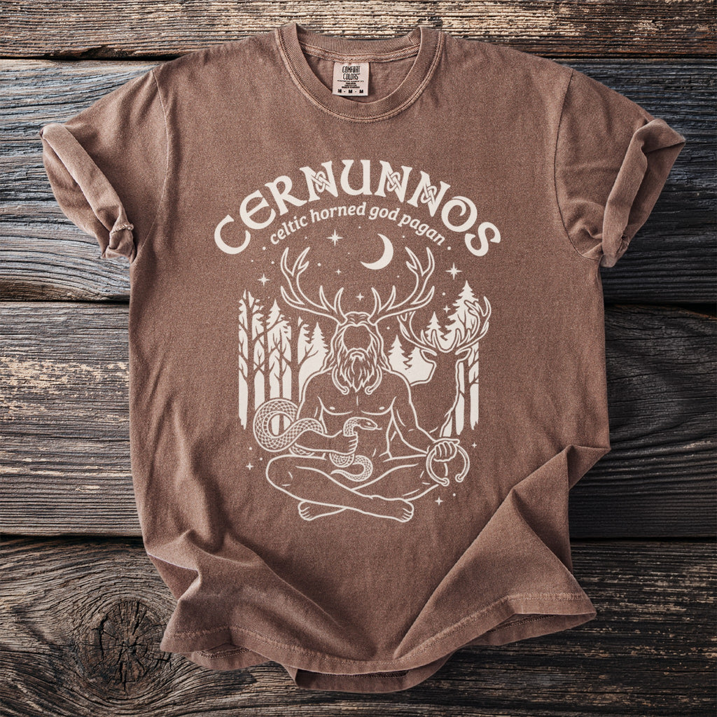 Brown t-shirt with Cernunnos, celtic horned god pagan graphic and moon.