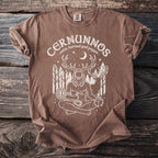 Brown t-shirt with Cernunnos, celtic horned god pagan graphic and moon.
