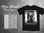 Black t-shirt with werewolf graphic and size chart information, "do not perceive me".