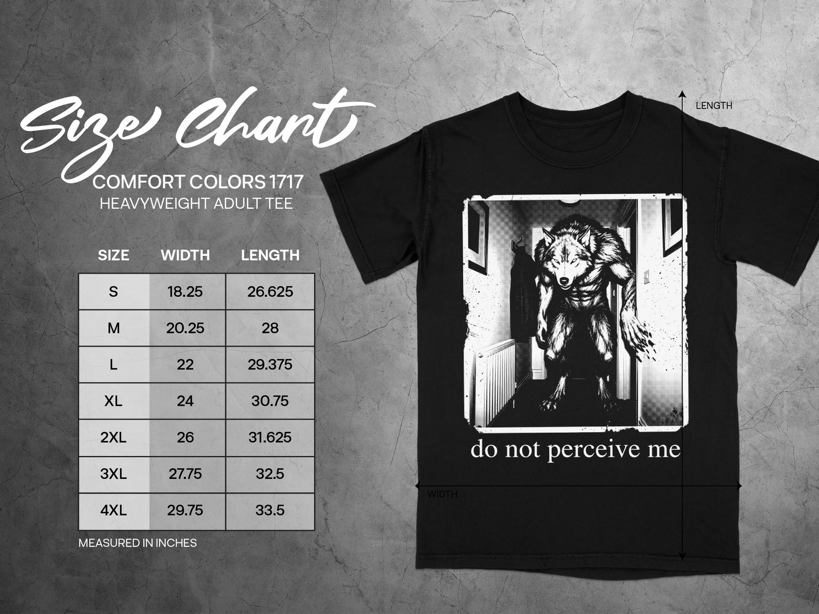 Black t-shirt with werewolf graphic and size chart information, "do not perceive me".