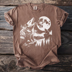 Brown t-shirt with a graphic of two possums howling at the moon.