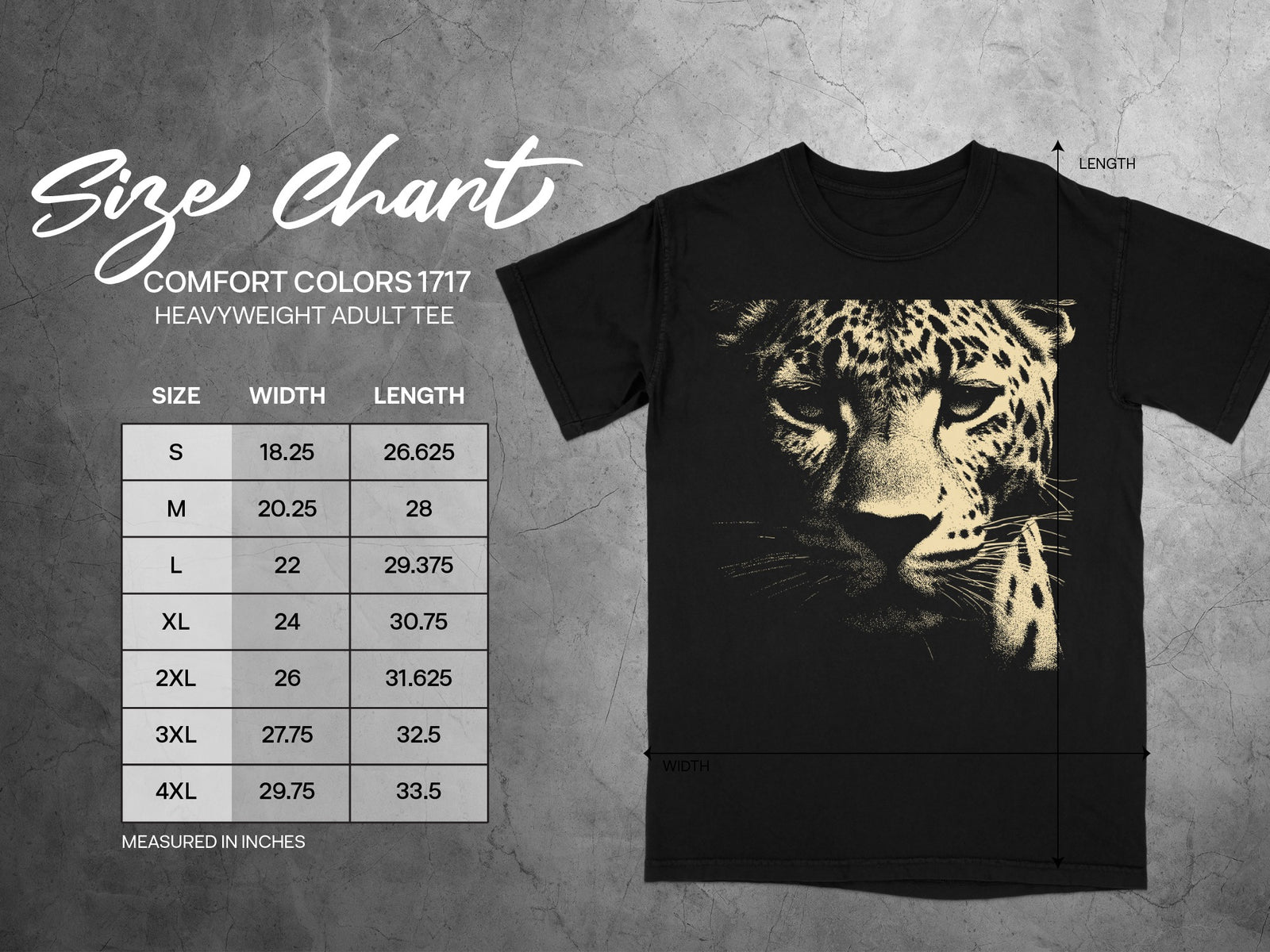 Comfort Colors 1717 heavyweight adult tee size chart with leopard graphic.