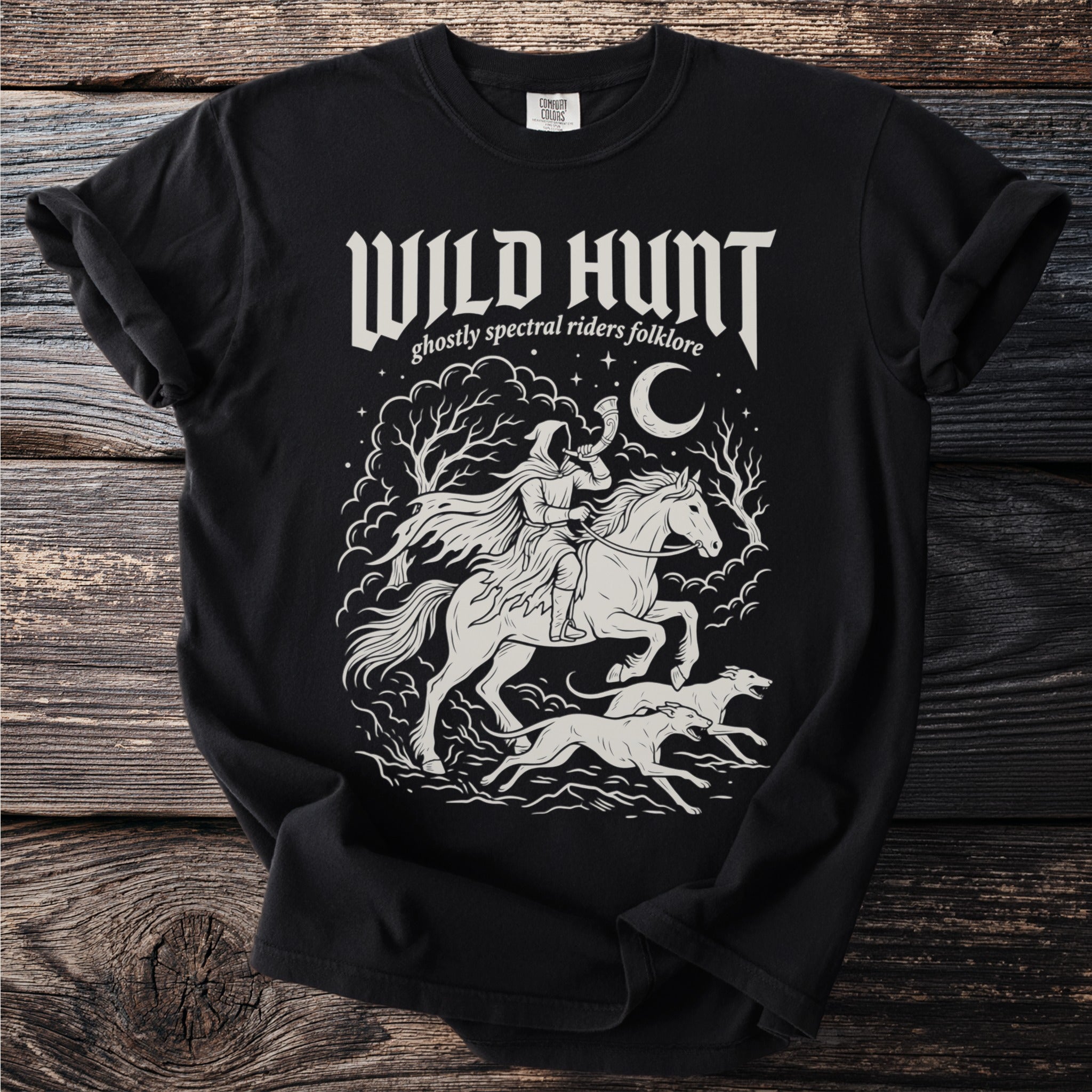 Black t-shirt with "Wild Hunt" and spectral riders folklore design.
