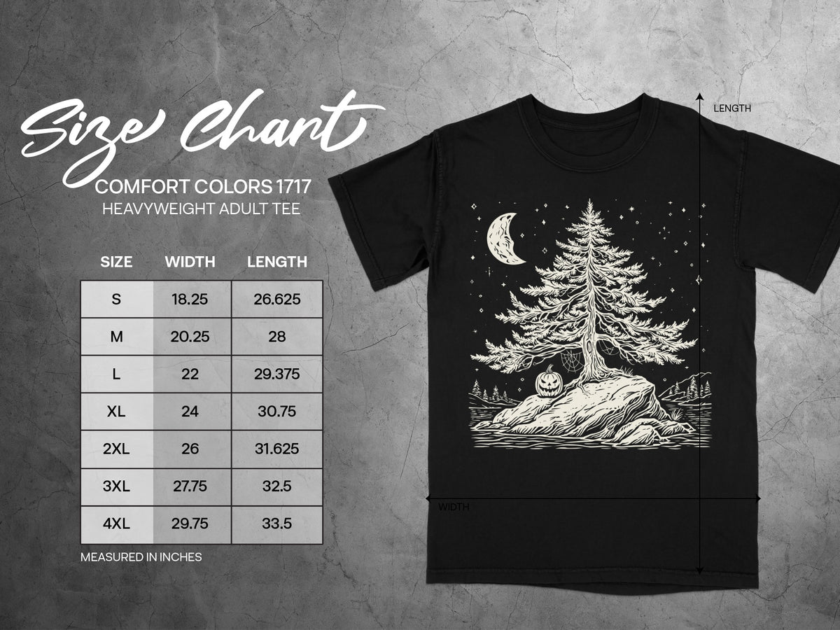 Comfort Colors 1717 heavyweight adult tee size chart with width and length in inches.