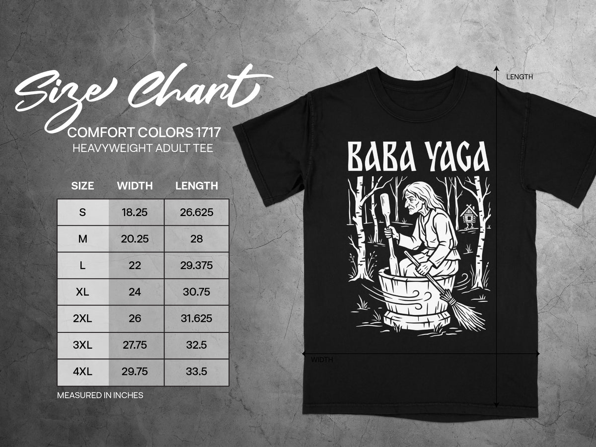 Black t-shirt with Baba Yaga graphic and size chart for Comfort Colors 1717.