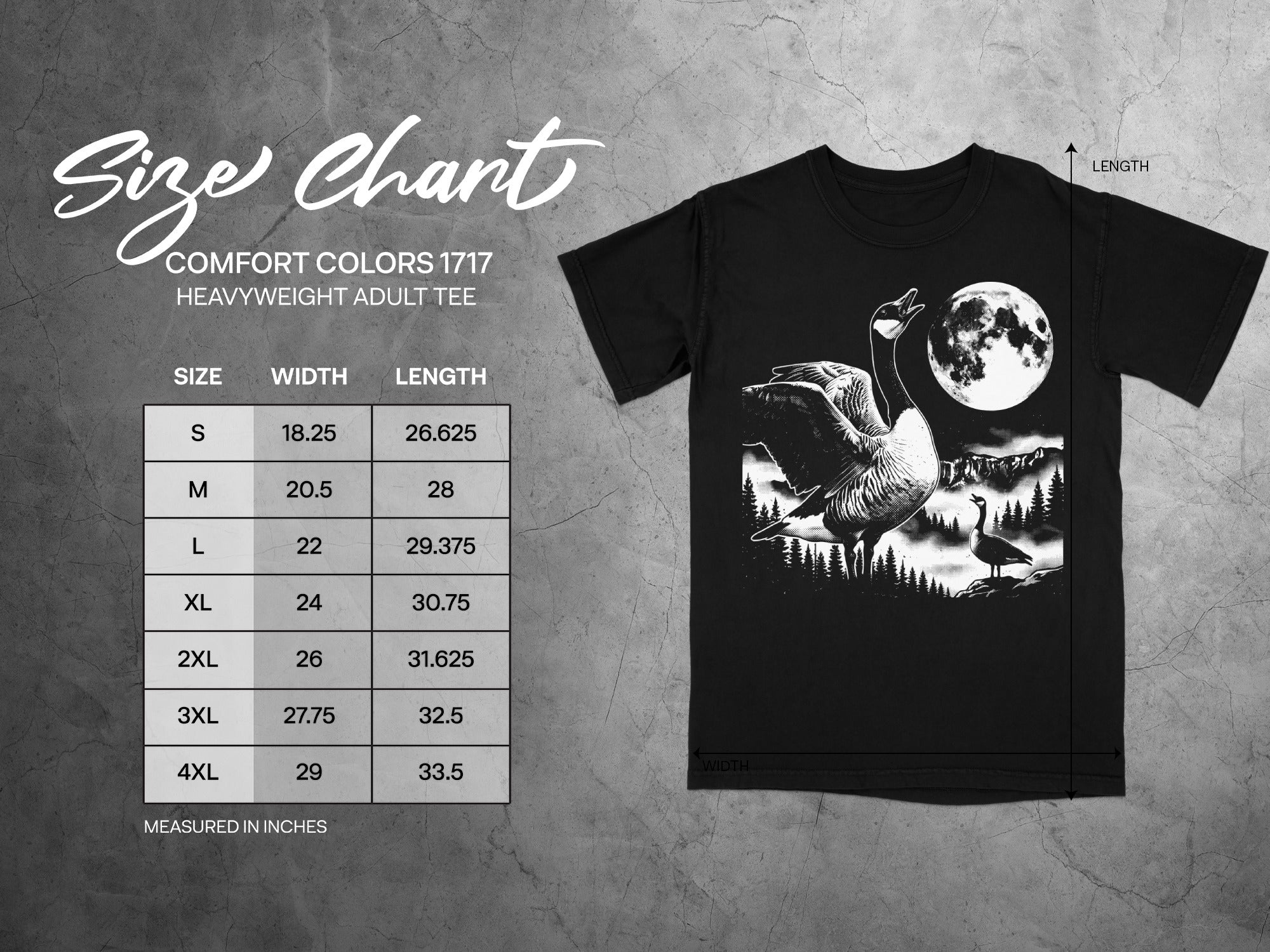 Comfort Colors 1717 heavyweight adult tee size chart with geese and moon graphic.