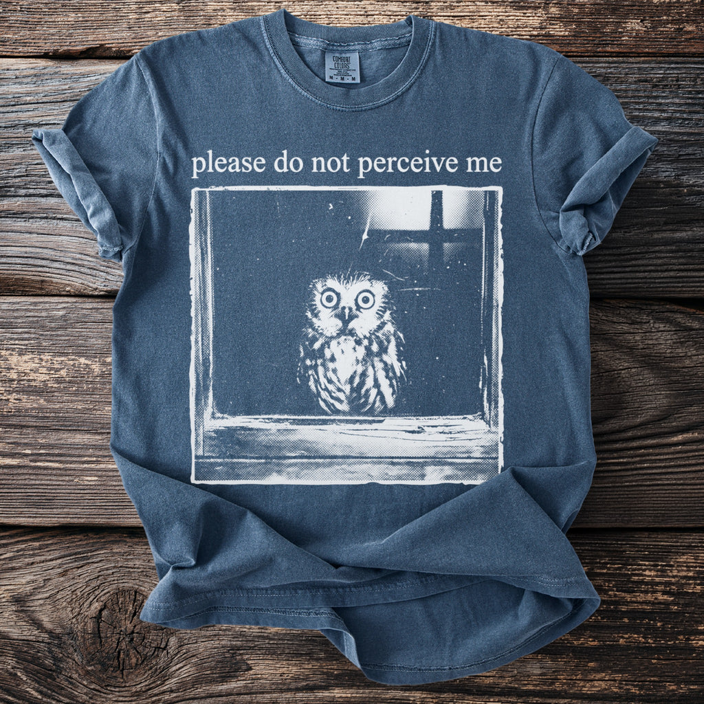 Blue t-shirt with owl graphic and text "please do not perceive me"