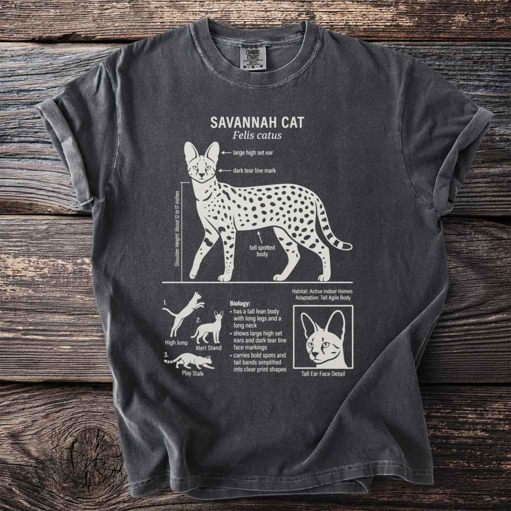 Charcoal t-shirt with a white graphic of a Savannah cat and its biological details.