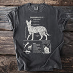 Charcoal t-shirt with a white graphic of a Savannah cat and its biological details.
