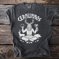 Charcoal t-shirt with "CERNUNNOS" and illustration of a horned figure with animals.