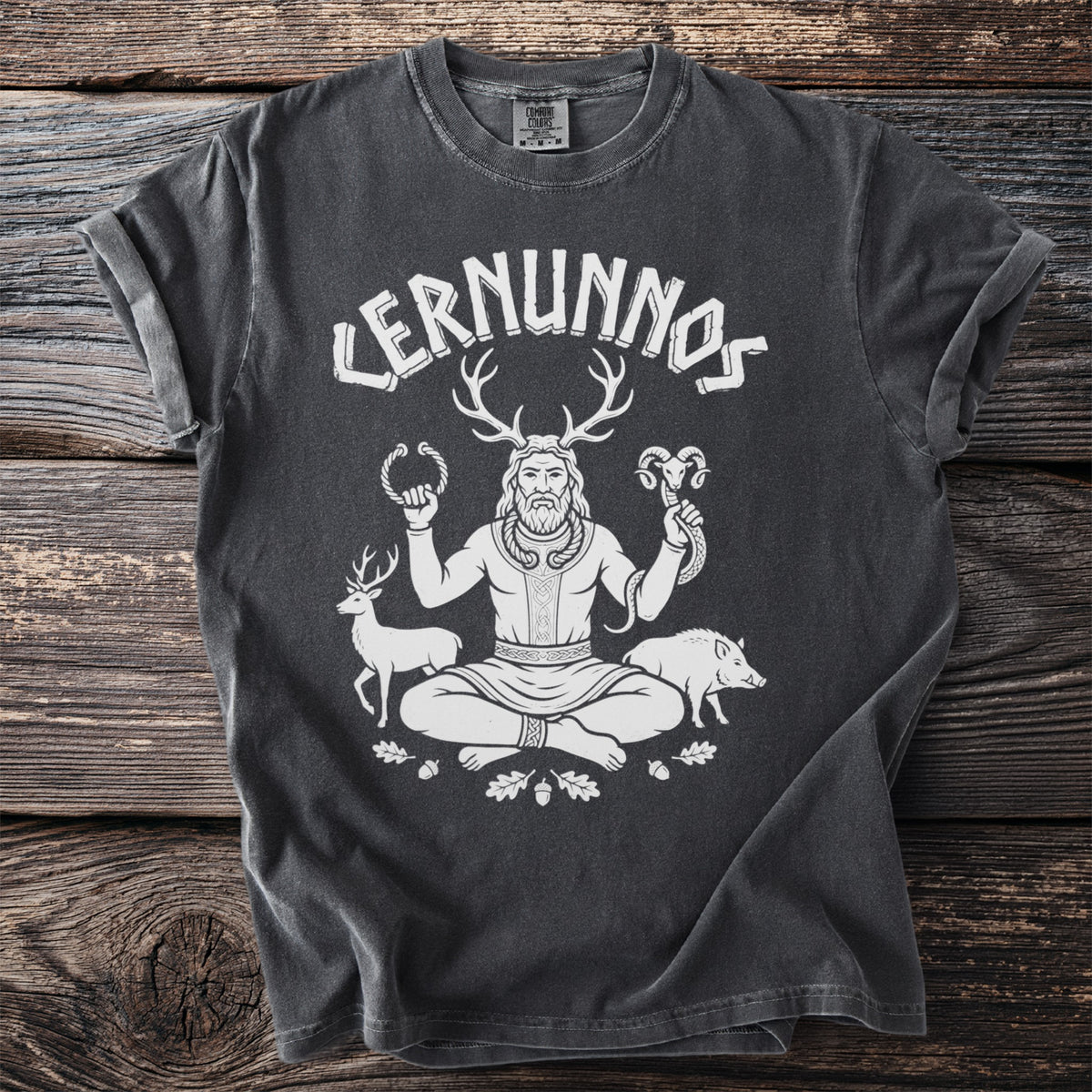 Charcoal t-shirt with "CERNUNNOS" and illustration of a horned figure with animals.
