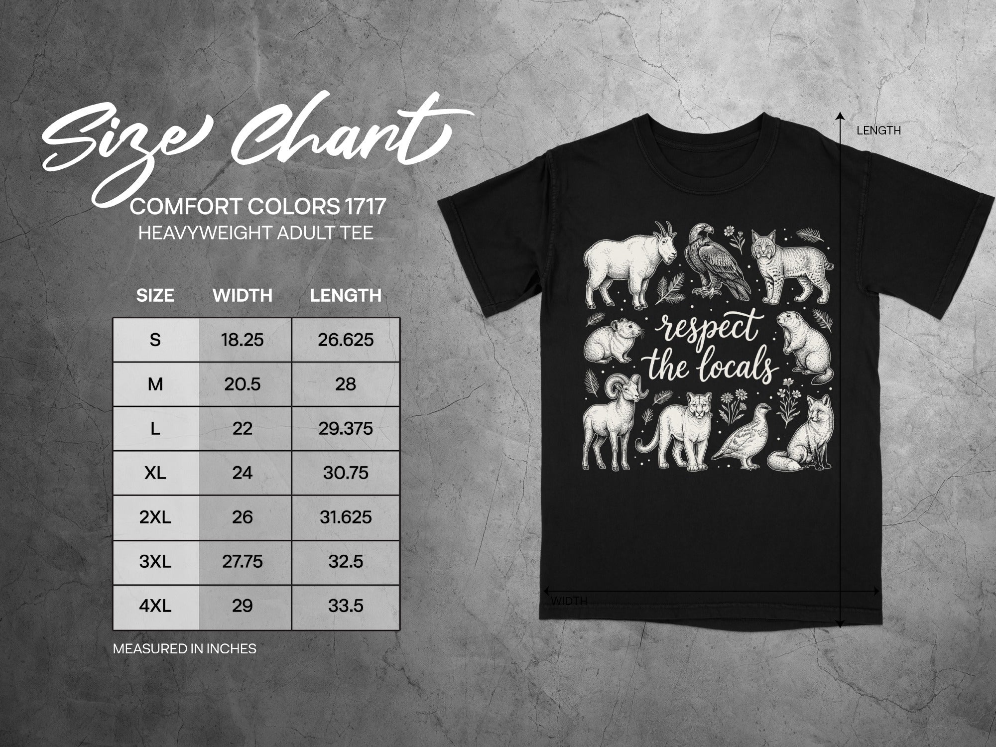 Size chart for Comfort Colors 1717 adult tee with wildlife graphic and text reading "respect the locals".