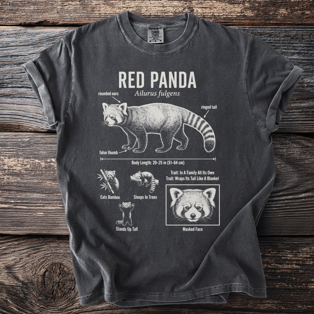 T-shirt with "Red Panda" scientific name and anatomical illustrations.