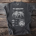 T-shirt with diagram of bold jumping spider, showing eyes, jaws, length, and behaviors.