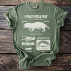 Green t-shirt with naked mole rat diagram featuring "NAKED MOLE RAT" text.