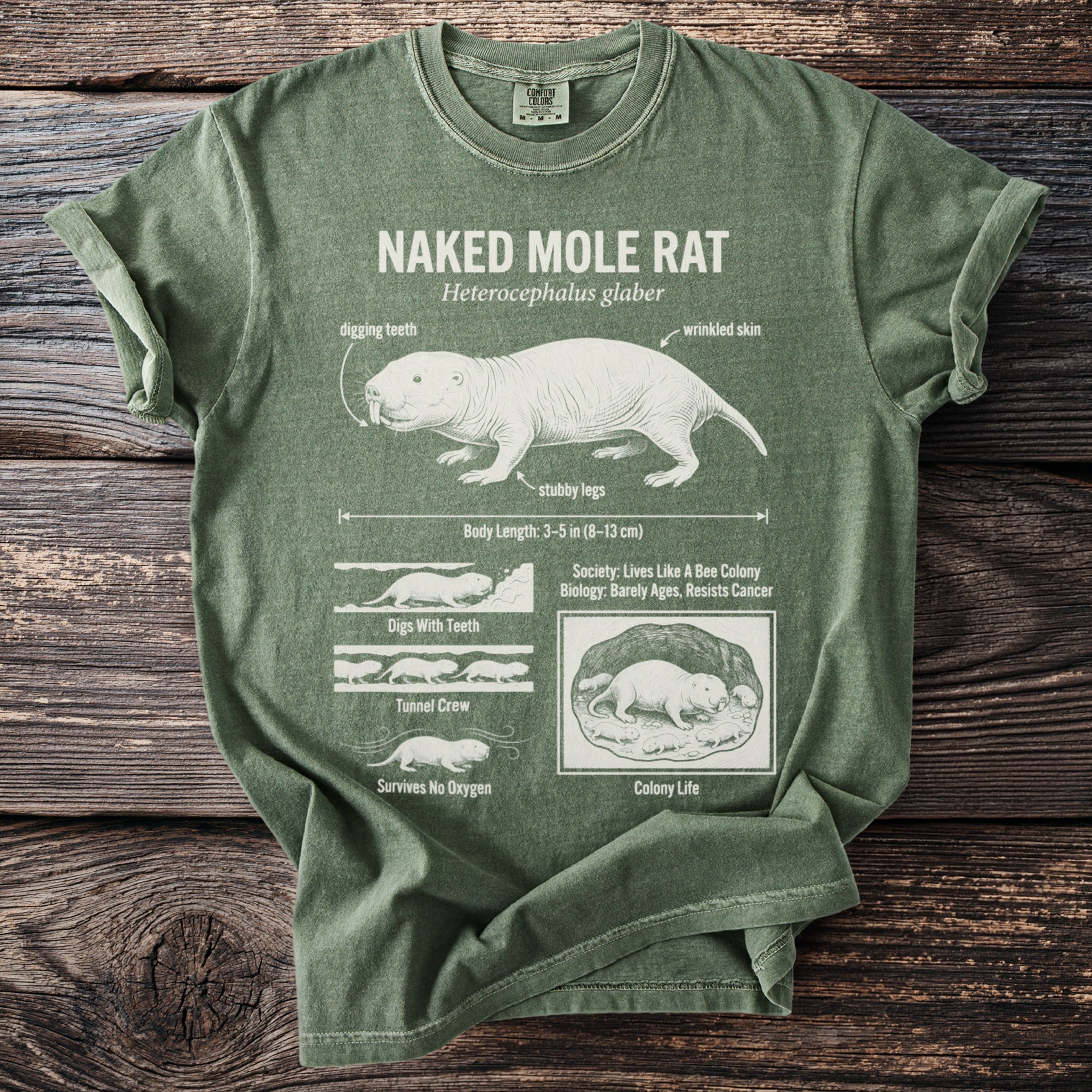Green t-shirt with naked mole rat diagram featuring "NAKED MOLE RAT" text.