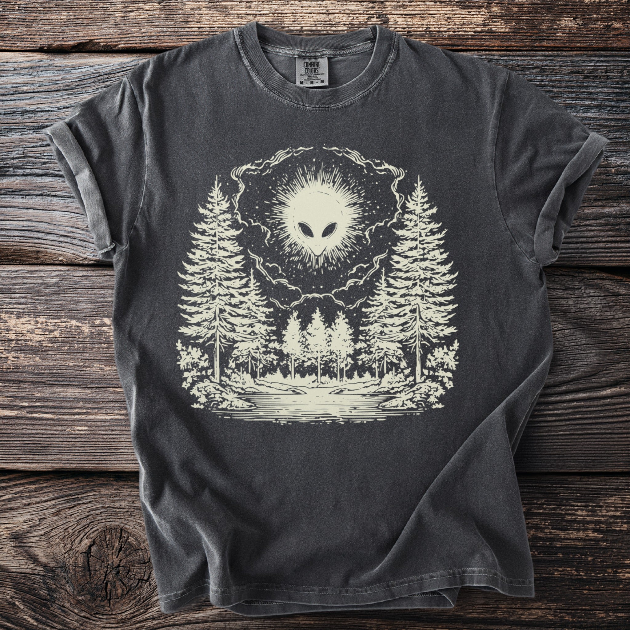 Dark grey t-shirt with an off-white alien and forest graphic.