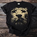 Black t-shirt with a tan leopard face graphic close-up.