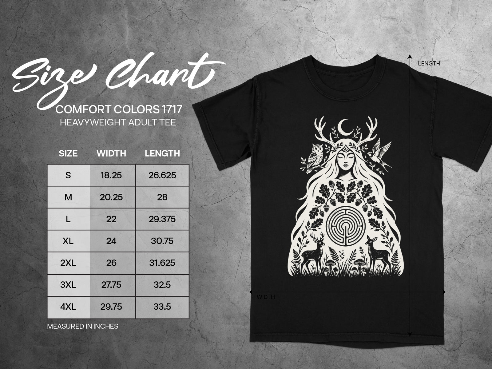 Comfort Colors 1717 heavyweight adult tee size chart with width and length in inches.